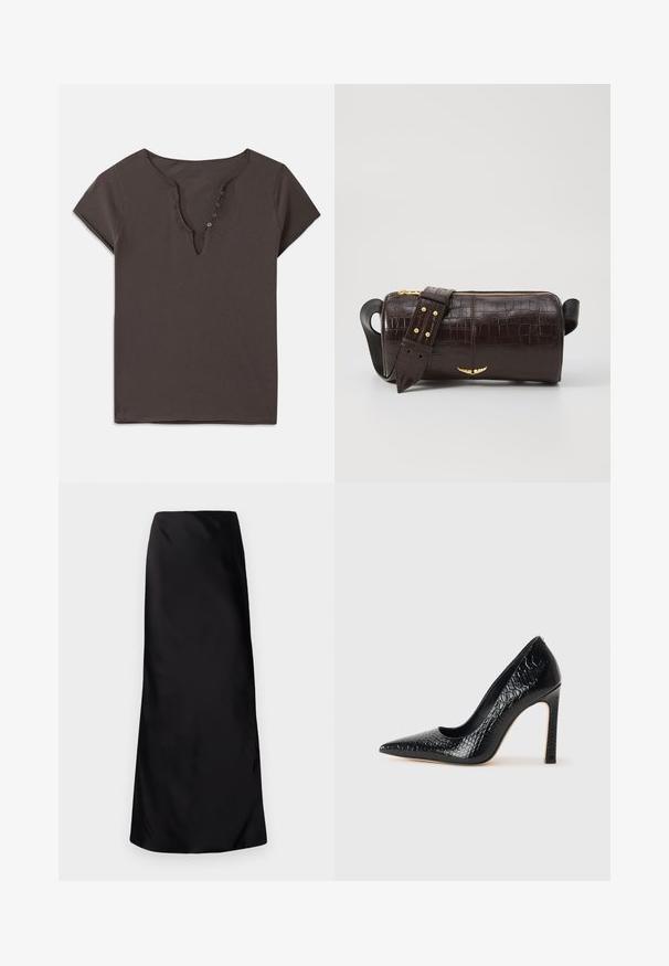 Mørkegrå bomulds T-shirt med V-udskæring, korte ærmer og en række knapper foran. Blød tekstur og afslappet design.; Norma Kamali BIAS OBIE SKIRT - Maxinederdele - black; Sorte spidse tå stiletto-sko i krokodilleskind med et strømlinet design, høj hæl og glat sort inderside.; Brun krokodilleder taske med cylindrisk form, hardware i guld-tone, og en aftagelig rem med nitter.