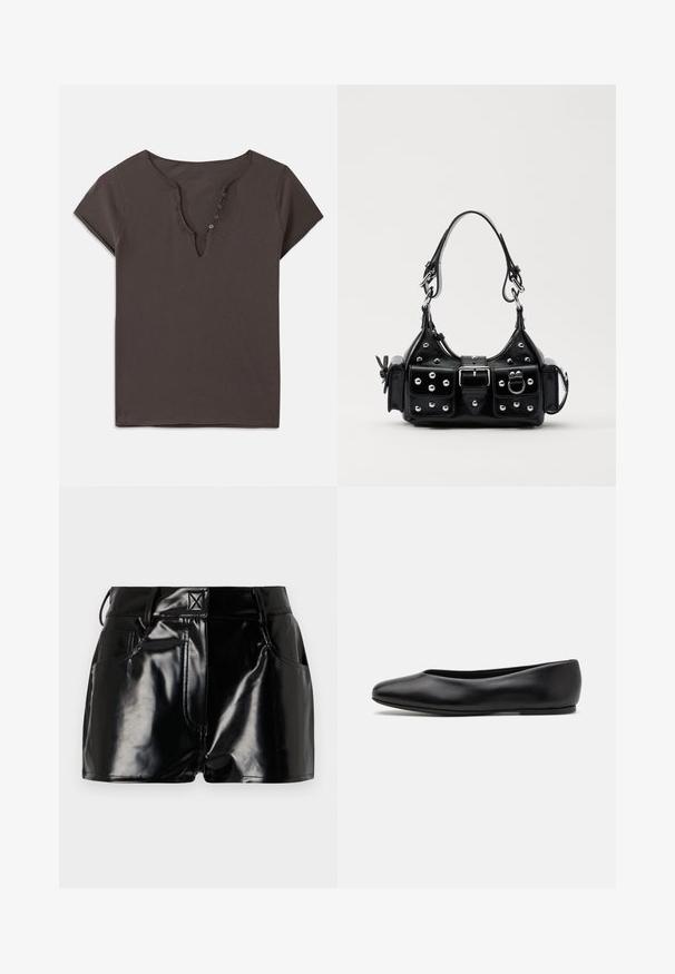 Dunkelgraues Baumwoll-T-Shirt mit einem V-Ausschnitt, kurzen Ärmeln und einer Knopfleiste an der Vorderseite. Weicher Stoff und lässiges Design.; Schwarze, glänzende Shorts aus synthetischem Material. Mit einem taillierten Bund, Gürtelschlaufen und vorderen Taschen mit auffälligen Nähdetails.; Paul Smith TOPANGA - Klassischer Ballerina - black; Schwarze Lederhandtasche mit einem geschwungenen Design, verziert mit silbernen Nieten, einer Schnalle und zwei seitlichen Taschen. Verstellbarer Träger für verschiedene Tragemöglichkeiten.