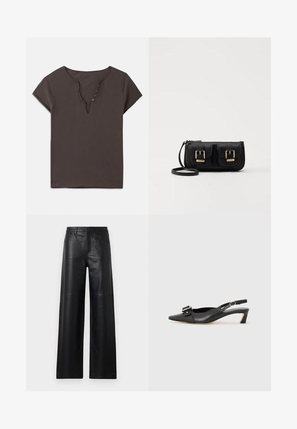 Tamsiai pilkas medvilnės marškinėliai su V formos iškirpte, trumpomis rankovėmis ir mygtukų eile priekyje. Minkšta textura ir kasdienis dizainas.; Plačios kelnės iš juodos odos su lygiu paviršiumi, turinčios priekinės kišenes, mygtuko užsegimą ir subtilius siuvinėjimo akcentus.; Juodas odinis slingback batelis su smailiu nosiu, maža pakulne ir dekoratyvine sagtimi viršuje. Lygus paviršius, minimalistas dizainas.; Juodas odinis per petį nešiojamas krepšys su dviem priekiniais kišenėmis, auksiniais sagtimis, užtrauktuko uždarymu ir siauromis petnešomis. Textūruota paviršius ir kompaktiškas stačiakampis formatas.