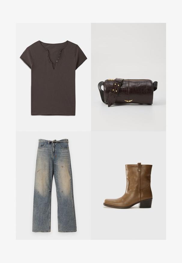 Temno siva bomba majica iz bombaža z V-izrezom, kratkimi rokavi in vrsto gumbov spredaj. Mehka tekstura in sproščen dizajn.; Svijetloplave traperice s labavim ravnim krojem. Imaju izbledele detalje, tragove habanja i oštećenja u području koljena. Klasičan stil s pet džepova.; Rjave usnjene gležnjarje s kvadratnim nosom, teksturirano površino in nizko kvadratno peto. Imajo zadnji trak za enostavno obuvanje in subtilne šivane detajle.; Brah blaženka iz rjavega usnja z embosiranim krokodilom, cilindrične oblike, zlatih kovinskih elementov in odstranljivim pasom, ki vsebuje žebljičke.