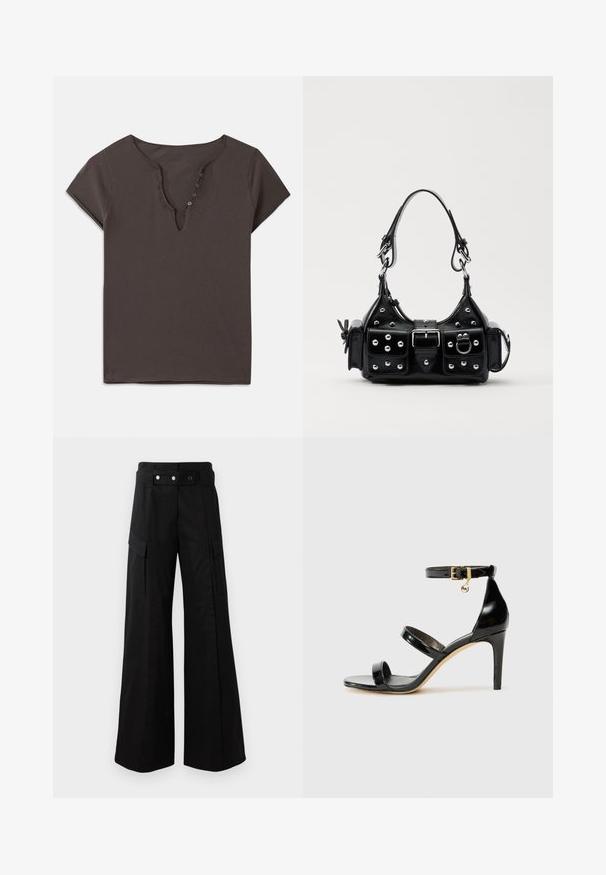 T-shirt in cotone grigio scuro con scollo a V, maniche corte e una fila di bottoni sul davanti. Texture morbida e design casual.; Pantaloni neri a gamba larga con vita alta, dotati di ampie tasche laterali, due bottoni frontali e un dettaglio a anello. Realizzati in un tessuto resistente.; Sandalo in pelle verniciata nera con tre cinturini, fibbia alla caviglia e tacco a stiletto di 10 cm. Presenta dettagli in hardware dorato e un charm con logo.; Borsa a mano in pelle nera con design curvo, caratterizzata da borchie argentate, una fibbia e due tasche laterali. Tracolla regolabile per diverse opzioni di trasporto.