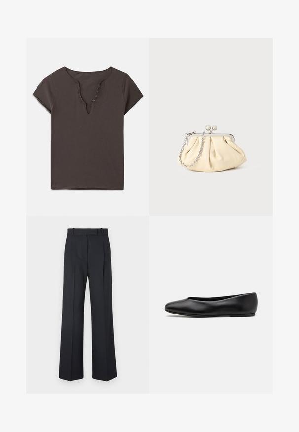 Dark gray cotton t-shirt with a V-neckline, short sleeves, and a row of buttons down the front. Soft texture and casual design.; Dark blue pinstriped trousers with a high waist, wide leg design, and no visible hardware or embellishments. Smooth texture and tailored fit.; Paul Smith TOPANGA - Ballet pumps - black; Pleated beige leather clutch with a silver metal frame, featuring two round decorative clasps and a silver chain strap.