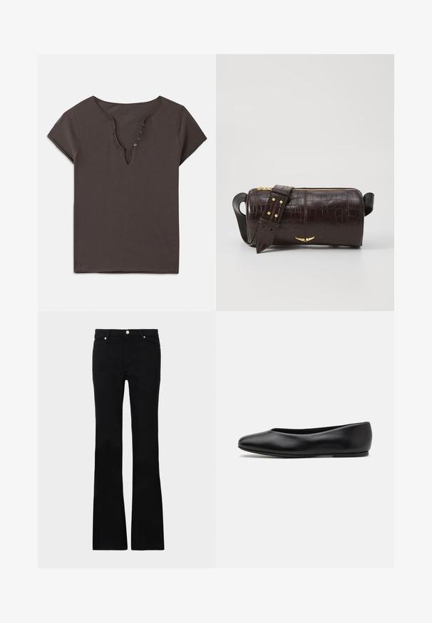 Dunkelgraues Baumwoll-T-Shirt mit einem V-Ausschnitt, kurzen Ärmeln und einer Knopfleiste an der Vorderseite. Weicher Stoff und lässiges Design.; Schwarze, ausgestellte Jeans aus Denim, ausgestattet mit zwei Fronttaschen, einem Knopfverschluss und einer glatten Oberfläche. Signatur-Nähte an den Nähten sichtbar.; Paul Smith TOPANGA - Klassischer Ballerina - black; Braune, krokodilgeprägte Lederhandtasche mit zylindrischer Form, goldfarbener Hardware und einem abnehmbaren Tragegurt mit Nieten.