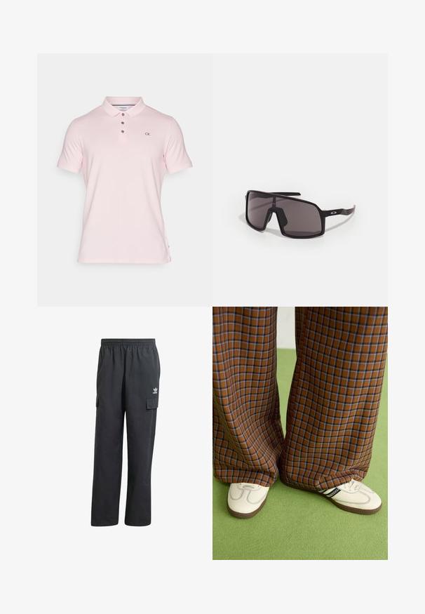 Világos rózsaszín pólóing, puha anyagból készült. Klasszikus gallérral, három gombos gombolással és a CK logóval hímzett a mellkason.; Fekete cargo nadrág rugalmas derekkal, két oldalsó zsebbel és egy diszkrét logóval a bal combon. Könnyű anyagból készült.; Barna és kék kockás, bőrt lábú nadrág, fehér cipővel, fekete részletekkel és texturált talppal, zöld háttér előtt.; Fekete téglalap alakú napszemüveg sötét lencsékkel, széles kerettel és karcsú fekete szárakkal. A templikon logó található. Simább textúra.