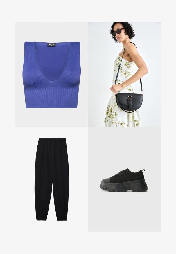 Violet raukšlėtas braletė su V formos iškirpte, pasižymintis lygiu paviršiumi ir prigludusia forma. Etiketas matomas prie iškirptės.; Juodi, lengvi kelnių su elastinga juosmens juosta ir surinktais kulkšniais. Audinys yra lygus ir turi atsipalaidavusį, siaurėjantį dizainą.; Juodos sportinės bateliai su stambiu guminiais padu, tekstūrizuotu audinio viršumi, apvaliu pirštu ir raištelių uždarymu. Yra sutvirtinti akių angos ir nugaros kilputė.; Juodas odinis krepšys su išlenkta forma, nuimamu dirželiu ir auksiniais detalėmis. Krepšys turi kilpą su sagtimi.