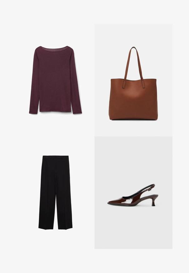 Halenka s dlouhým rukávem v tmavě burgundské barvě, s kulatým výstřihem, jemným materiálem a volným střihem s bočními rozparky na spodním lemu.; Černé široké kalhoty s hladkým materiálem, s plisováním v přední části a bočními kapsami, navržené s rovný, uvolněný střih.; Hnědé lakované kožené slingback boty s špičatou špičkou a mírným podpatkem. Disponují přezkou pro bezpečné upevnění. Hladký povrch.; Hnědá kožená taška přes rameno s hladkou texturou, otevřeným designem a dvěma ramenními popruhy. Obsahuje minimální švy a žádné viditelné kovové prvky.