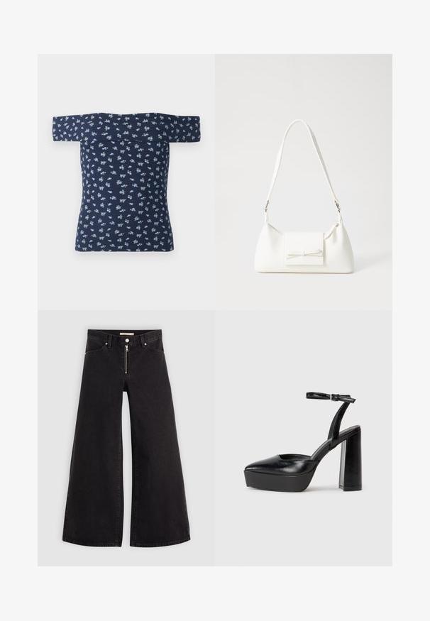 Tumes off-the-shoulder pluus ribtekstruuriga ja väikese helesinise lillemustriga. Liibuv disain rõhutab kehajoont, lühikesed varrukad.; Laiad teksad mustast denimist, millel on lukuga eesmine osa, viie taskuga disain ja peened õmblusdetailid. Sile tekstuur ja juhuslik stiil.; Mustad platvormi kontsad terava ninaga ja reguleeritava pahkluuraamiga. Valmistatud siledast nahast, funktsioneerib massiivse plokknäheeliga.; Valge sünteetilisest materjalist kott kolmnurkse kujuga, lame esiklapiga ja kaaredetailiga, reguleeritava rihmaga, sileda tekstuuriga ja minimalistliku disainiga.