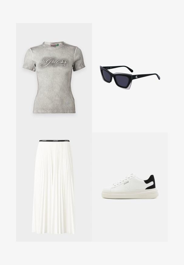 Pelēks ribots T-krekls ar pieguļošu dizainu, ar baltu "Guess Originals" logo uz priekšpuses un īsām piedurknēm.; Gari plānas baltas svārku ar melnu elastīgu jostu, uz kuras redzams "LACOSTE" logo. Vidēja garuma dizains ar mīkstu tekstūru.; Baltas ādas sporta apavi ar biezu balto zoli, melna zamša uzpura un izspiestais logotips sānos. Šņorējuma dizains ar sešiem acu caurumiem.; Melni pārmēru saulesbrilles ar ģeometrisku formu, kas aprīkotas ar tumšiem stikliem un kontrastējošu pelēku akcentu uz rāmja. Logo uz kājas.