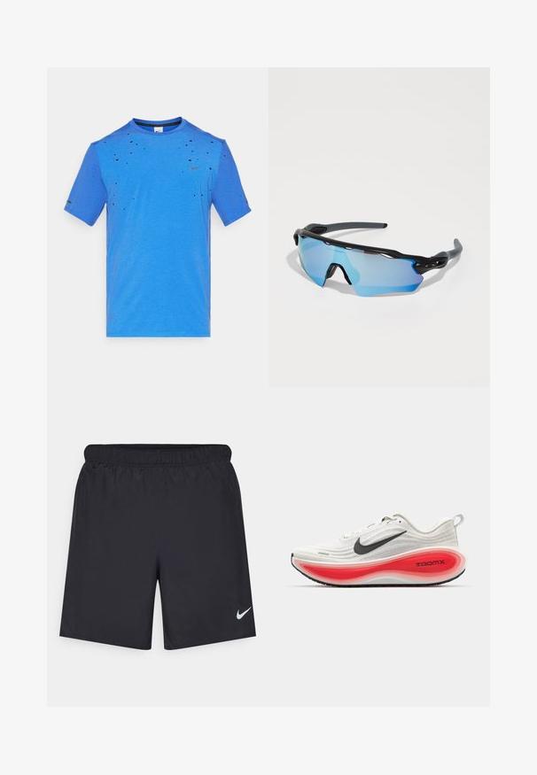 Blå kortærmet T-shirt med rund hals, der har en slidt tekstur og små huller; Nike-logo på brystet og ærmet.; Sorte atletiske shorts lavet af letvægtsmateriale med en elastisk talje. Har et lille hvidt Nike-logo i nederste venstre hjørne.; Nike løbesko med en hvid strikket overdel, sort swoosh og en tyk rød og hvid dæmpet sål mærket "ZOOMX." Sort kontaktgummisål.; Sports solbriller med en sort ramme, store blåtonede linser og et robust design. De har forbedret indpakning og dækning.