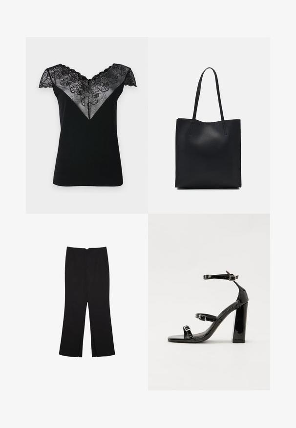 Schwarzes Kurzarm-Top mit einem V-förmigen Spitzeoverlay, das filigrane Blumenmuster und gewellte Kanten am Ausschnitt und an den Ärmeln aufweist.; Schwarze Hose mit geradem Schnitt, ausgestattet mit Fronttaschen und Seitenschlitzen am Saum. Hergestellt aus weichem, glattem Stoff. Geeignet für verschiedene Anlässe.; Schwarze patentierte Sandalen mit Absatz, quadratischer Spitze, Knöchelriemen und silbernen Schnallen. Mit einem stabilen Blockabsatz für mehr Stabilität.; Schwarze Laptoptasche aus Leder mit glatter Textur, rechteckiger Form und zwei langen Griffen. Keine sichtbaren Beschläge oder Verzierungen.