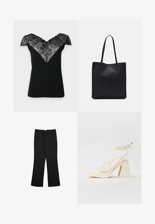 Črna kratka majica s kratkimi rokavi, ki ima V-obliko čipkastega prekrivala z zapletenimi cvetličnimi vzorci in valovito obrobo ob izrezu in rokavih.; Črne hlače ravnega kroja z naglavnimi žepi in stranskimi razporki na robu. Narejene iz mehke, gladke tkanine. Primerne za različne priložnosti.; Bela sandala na visokih petah s debelim petam, ki ima obliko trakcev in vezanje okoli gležnja. Gladka tekstura z platformo spredaj za dodatno višino.; Črna usnjena torba s svilnato teksturo, pravokotne oblike in dvema dolgima ročajema. Brez vidnih metalnih delov ali okrasnih elementov.