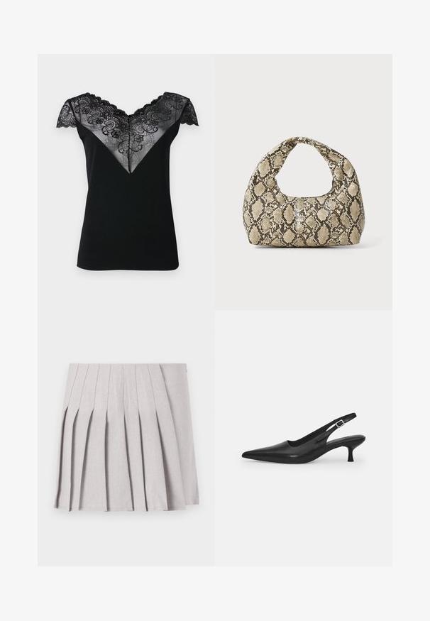 Crna majica s kratkim rukavima koja ima V-izrez od čipke s složenim cvjetnim uzorcima i valovitim rubovima oko dekoltea i rukava.; Siva plisirana suknja s glatkom teksturom, koja ima više okomitih nabora i usku liniju struka. Izrađena od lagane tkanine.; Crne kožne slingback cipele s oštrim nosom i uskim, zakrivljenim potplatom. Imaju diskretnu podesivu traku s metalnom kopčom.; Torba s uzorkom zmije s zakrivljenom drškom. Izrađena od teksturiranih materijala u bež i smešnim tonovima, sa karakterističnim dijamantnim uzorkom.