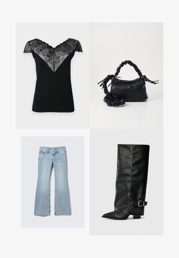 Černý top s krátkým rukávem se V-vyříznutím, zdobený krajkovou vrstvou s jemnými květinovými vzory a vykrojenými okraji podél dekoltu a rukávů.; Weekday NOVA - Džíny Slim Fit - lip blue; Černé kožené kotníkové boty až po kotníky s špičatou špičkou, hladkým povrchem a stříbrnou sponou na boku. Masivní čtveritý podpatek.; Černá kabelka z umělé kůže s krokodýlím vzorem, staženým vrškem a zmačkaným popruhem. Zdá se, že má měkký a kompaktní design.