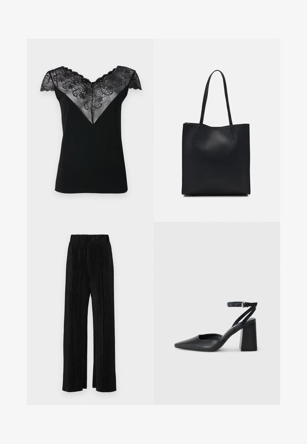 Camiseta corta negra de manga corta con un sobrepique de encaje en forma de V, que presenta intrincados patrones florales y bordes festoneados a lo largo del escote y las mangas.; Pantalones negros de pliegues con una cintura elástica. Presentan piernas anchas y una tela suave y texturada con rayas verticales.; Zapato de tacón puntiagudo de cuero negro con tira en el tobillo y tacón ancho. Textura plana, diseño elegante y estética minimalista.; Bolso tote de cuero negro con textura lisa, forma rectangular y dos asas largas. Sin herrajes ni adornos visibles.