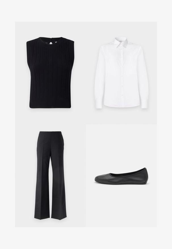 Mustmust seinel põhjaosa, ribatud tekstuuri, ümarate kaeluste ja väikese tagumise võtmeaugu avaga.; Valge pikakäigeline särk, mis on valmistatud siledast kangast, millel on krae ning ees on väikeste roosade nuppudega nööpidega kinnitamine.; Musta kohandatud püksid flared jala disainiga, vertikaalsete voltidega ja sileda tekstuuriga. Nähtavat riistvara ega aktsente pole.; Musthave mustika tantsutossud mustast nahast, ümmarguse varbaga, siledast tekstuurist, minimaalse õmblusdetailiga ja paindliku tallakujundusega.