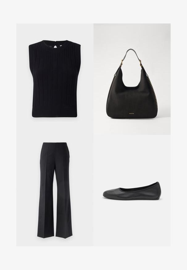 Black sleeveless knit top featuring ribbed texture, a rounded neckline, and a small back keyhole opening.; Black tailored trousers with a flared leg design, featuring vertical pleats and a smooth texture. No visible hardware or accents.; Black leather ballet flat with a rounded toe, smooth texture, minimal stitching detail, and a flexible sole design.; MICHAEL Michael Kors NOLITA HOBO  - Handbag - black