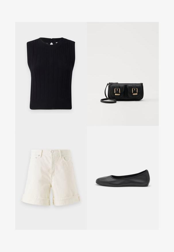 Mustat hihattomat neulepaidat, joissa on ribbikuvio, pyöreä pääntie ja pieni avaus selässä.; Vaalean kermaiset farkkushortsit suoralinjaisella leikkauksella, käännetyillä lahkeilla ja klassisella viiden taskun muotoilulla. Varustettu hopeisilla metalliosilla.; Musta nahkainen ballerina, jossa on pyöristetty kärki, sileä pinta, minimaalinen ommelkoristelu ja joustava pohjamuotoilu.; Musta nahkainen olkalaukku, jossa on kaksi etutaskua, kultaiset soljet, vetoketjukiinnitys ja kapea hihna. Teksturoidun pinnan ja kompaktin suorakaiteen muoto.