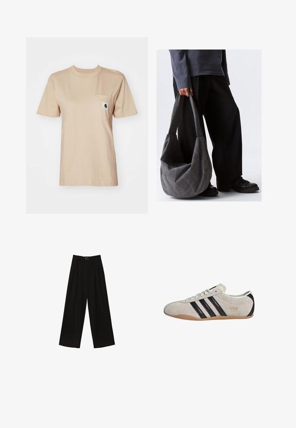 Béžové bavlněné tričko s kulatým výstřihem, krátkými rukávy a náprsní kapsou s malou nášivkou loga. Hladká textura a jednoduchý design.; Černé široké kalhoty s vysokým pasem, s páskem v pase a sklady pro texturu. Vyrobeno z hladké, lehké tkaniny.; Semišové tenisky s šedým svrškem, černými pruhy a gumovou podrážkou. Mají šněrování a zlatý detail loga na boku.; Šedá látková taška na rameno s uvolněným tvarem, která má hladkou texturu a široké popruhy. Tašku drží osoba ve tmavých kalhotách.