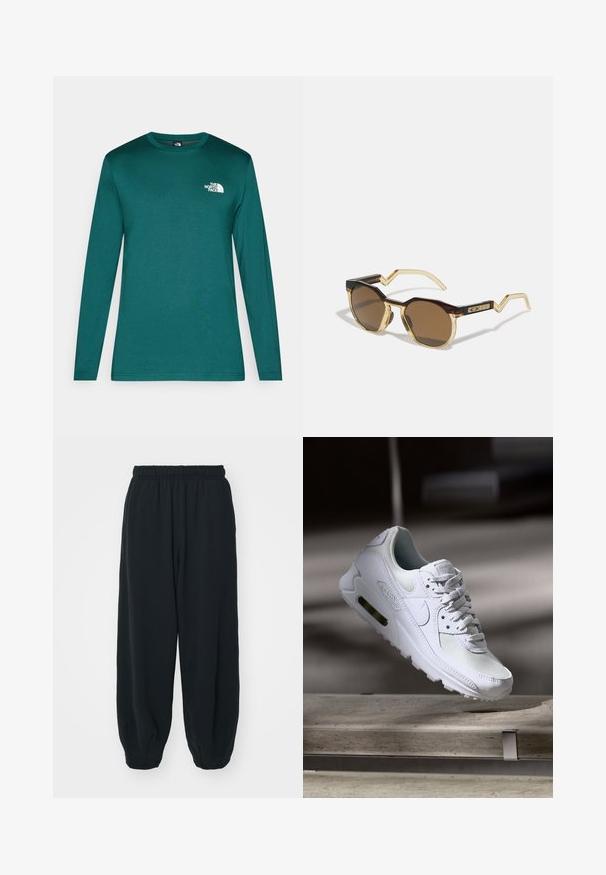 Long-sleeve teal shirt made of soft fabric. Features a round neckline and a small white logo on the left chest area. Smooth texture.; Black, elasticated-waist sweatpants with a loose fit, cuffed ankles, smooth texture, and no visible patterns or hardware accents.; White Nike Air Max 90 sneaker featuring a mesh and leather upper, perforated toe box, and a visible air unit in the heel.; Brown, round sunglasses with a tortoiseshell and clear light yellow frame, angular arms, and textured detailing on the temples.