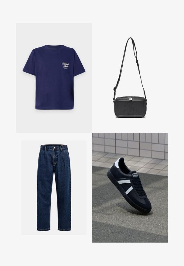 Tamsiai mėlyna medvilninė marškinėliai su trumpomis rankovėmis, apykakle ir maža balta teksto grafika kairėje pusėje. Paprastas, vientisos spalvos dizainas.; Tamsiai mėlynos džinsinės kelnės su tiesiu sijonu. Savybė - matoma siūlė, mygtuko uždarymas ir priekinei daliai raukiniai, suteikiantys papildomą detales.; Juodas odinis sportinis batelis su baltais dryžiais, tekstūruota gumine padais ir raišteliais priekyje. Yra prekės ženklą žymintis etiketė ant liežuvio.; Juodas odinis per petį nešiojamas krepšys su užtrauktuku, iškilniu logotipu priekyje ir reguliuojama dirželiu. Lygus paviršius, stačiakampio formos.