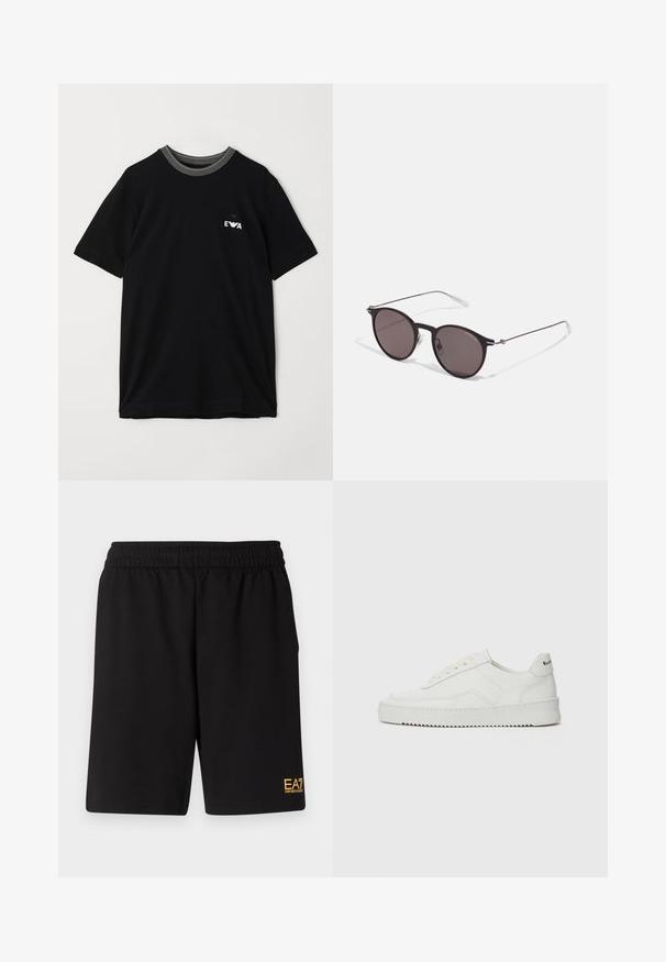 Czarny bawełniany T-shirt z krótkim rękawem, z prążkowanym paskiem przy dekolcie i małym białym logo na klatce piersiowej. Standardowy krój.; Czarne sportowe szorty wykonane z miękkiego materiału, z elastycznym paskiem w talii oraz małym, żółtym logo EA7 na dolnej lewej nodze.; Białe skórzane sneakersy o gładkim wykończeniu, okrągłym nosku, płaskich sznurówkach i teksturowanej podeszwie. Charakteryzują się delikatnym logo na pięcie.; Czarne okrągłe okulary przeciwsłoneczne z ciemnymi soczewkami i smukłymi metalowymi ramkami. Zawierają przezroczyste końcówki zauszników oraz srebrne akcenty przy zawiasie. Minimalistyczny design.