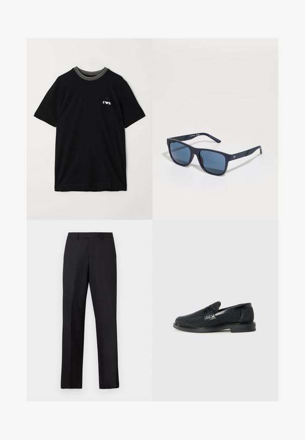 Black cotton T-shirt with short sleeves, featuring a ribbed striped neckline and a small white logo on the chest. Standard fit.; Black, straight-leg trousers made of smooth fabric. Features a standard waistband and no visible patterns or accents.; Black woven slip-on shoe with a smooth leather accent on the upper, a round toe design, and a low-profile rubber sole.; Blue rectangular sunglasses with dark lenses, matte navy frame, logo detail on the temple, straight arms, and a solid, smooth texture.