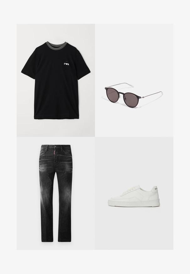 T-shirt de algodão preta com mangas curtas, apresentando um decote canelado listrado e um pequeno logo branco no peito. Corte padrão.; Jeans de denim preto com um corte reto. Apresentam áreas desbotadas, ligeira degradação, design clássico de cinco bolsos e um fecho de botão.; Sapatilha de couro branco com acabamento suave, bico redondo, atacadores planos e uma sola texturizada. Apresenta um logotipo discreto no calcanhar.; Óculos de sol redondos pretos com lentes escuras e hastes metálicas finas. Inclui pontas de templo transparentes e detalhes em prata na dobradiça. Design minimalista.