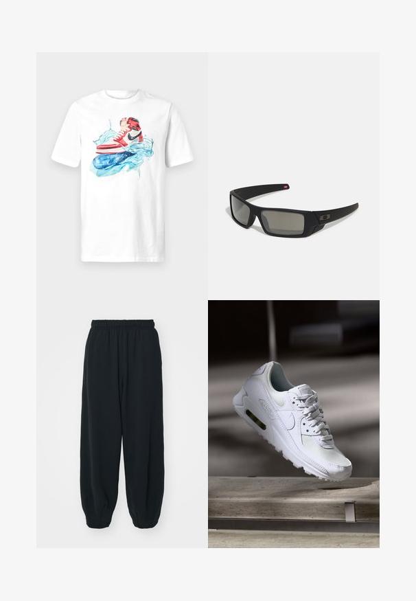 Valge T-särk, millel on värvikas graafika punastest ja mustadest tossudest stiliseeritud siniste veepiiskade kohal. Ümmargune kaelus, lühikesed varrukad, standardne lõige.; Mustade elastse vöökoha ja laia lõikega dressipüksid, mansetiga sääred, sile tekstuur ning ilma nähtavate mustrite või detailideta.; Valged Nike Air Max 90 sneakers, millel on võrkkangast ja nahast ülemine osa, aukudega varbadosa ning nähtav õhuüksus kandades.; Mustad mustaga viimistlusega prillid, ristkülikukujulised läätsed, templite kerge kõverus, diskreetne logo detail ja suitsutatud läätsed.