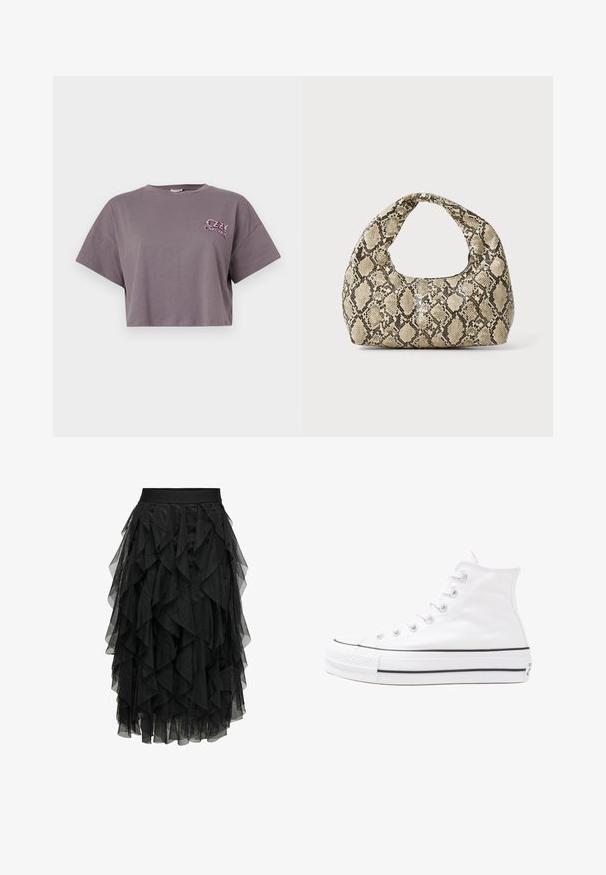 Kortermet grå t-skjorte laget av bomull. Har rund hals og korte ermer. Frontvenstre har fargerik "OZZY OSBOURNE" tekstlogo.; Svart midi-skjørt laget av lagdelt tyl med rynkete design. Har elastisk midje. Gjennomsiktig stoff gir tekstur og bevegelse.; Hvit høy-skinn kanvas sneakers med svart gummisåle, gummitåhette foran og seks hull for snorer, med et rent, minimalistisk design.; Veske med slangeskinnmønster og krummet håndtak. Laget av teksturerte, beige og brune materialer, med et særegent diamantmønster.