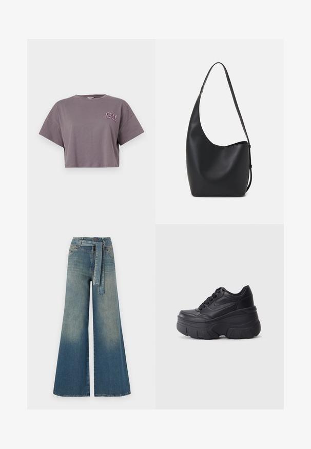 Afskåret grå t-shirt lavet af bomuld. Har rund hals og korte ærmer. Foran til venstre er der en farverig "OZZY OSBOURNE" tekstlogo.; Bredbens-denimbukser med en lys til mørk blå gradient, høj talje, bælteløkker og et matchende stofbælte. Tekstureret denimfinish.; Sorte snørebåndssneakers med en kraftig sål, der har en glat læderoverdel, rund tå og et markant lagdelt plade-design.; Sort læder hobo taske med en glat overflade, buet form og en enkelt justerbar rem; har en bred åbning øverst.