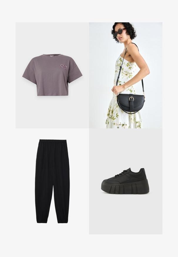 Afskåret grå t-shirt lavet af bomuld. Har rund hals og korte ærmer. Foran til venstre er der en farverig "OZZY OSBOURNE" tekstlogo.; Sort, lette bukser med elastisk talje og sammenfoldede ankler. Stoffet er glat og har et afslappet, indsnævret design.; Sorte platform-sneakers med glat syntetisk overdel, rundet tå, snørelukning og en tyk, rilleret sål for ekstra højde.; Sort læderhåndtaske med en buet form, aftagelig rem og guldfinish. Tasken har en klap med en spænde detalje.