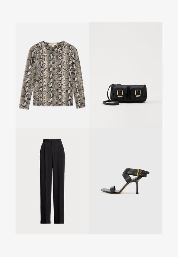 Ilga rankovė viršus su gyvatės rašto raštu smėlio ir juodos spalvų. Apvalus iškirpimas ir tekstūruotas audinys su minkštu paviršiumi.; Juodos pritaikytos kelnės su aukštu liemeniu, su klostėmis priekyje, tiesaus kirpimo ir užlenktais kraštais. Pagamintos iš lygaus audinio.; Juodi kulniškų sandalai su kryžminėmis juostelėmis ir reguliuojamu sagtimi. Ypatybė – lygus paviršius ir siauras smailas kulnas.; Juodas odinis per petį nešiojamas krepšys su dviem priekiniais kišenėmis, auksiniais sagtimis, užtrauktuko uždarymu ir siauromis petnešomis. Textūruota paviršius ir kompaktiškas stačiakampis formatas.