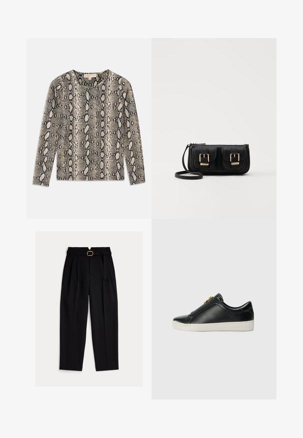 T-shirt à manches longues avec un motif serpent en beige et noir. Encolure ronde et tissu texturé avec une finition douce.; Pantalon noir taille haute avec une ceinture à la taille, un devant plissé et une coupe à jambes larges. Fabriqué en tissu lisse avec une coupe classique.; Chaussures noires en cuir à enfiler avec une couture surélevée, détail en métal argenté sur le dessus, et une semelle en caoutchouc blanche avec un logo en relief.; Sac en cuir noir porté en travers avec deux poches avant, boucles dorées, fermeture zippée et une sangle fine. Surface texturée et forme rectangulaire compacte.