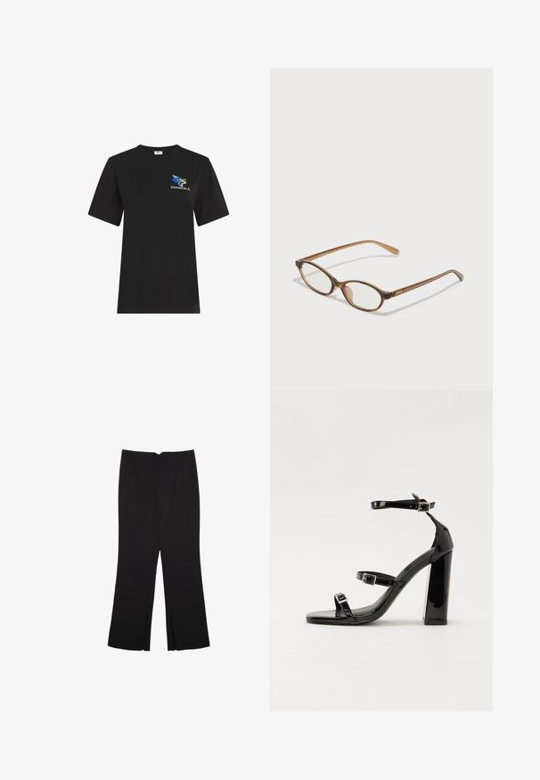 Sort kortærmet T-shirt lavet af bomuld. Har et farverigt logo med en blå stjerne og en stiliseret figur på fronten. Klassisk pasform.; Sorte bukser med lige pasform, der har frontlommer og slidser i kanten. Lavet af blødt, glat stof. Velegnet til forskellige anledninger.; Sorte patenterede hælsandaler med firkantet tå, ankelremme og sølvspænder. Har en chunky blokHæl for stabilitet.; Brune skildpaddemønstrede briller med ovale linser, tynde arme og gennemsigtige accenter. Har et diskret logo på stangen. Slankt, let design.