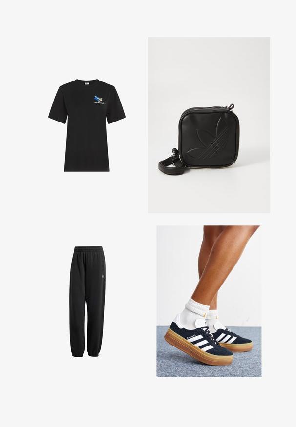 Zwarte T-shirt met korte mouwen, gemaakt van katoen. Voorzien van een kleurrijk logo met een blauwe ster en gestileerde figuur op de voorkant. Klassieke pasvorm.; Zwarte sweatpants van zacht, gestructureerd materiaal. Voorzien van een elastische tailleband, boorden en een klein wit logo nabij de heup.; Zwarte suède sneakers met witte strepen en accenten, ronde neus, gum rubberen buitenzool, gecombineerd met witte geribbelde crewkousen.; Zwarte vierkante crossbody tas van gestructureerd synthetisch materiaal. Met een reliëflogo ontwerp en een verstelbare schouderband. Ritssluiting.
