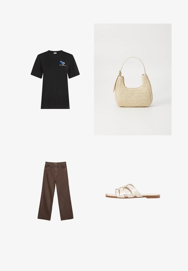Sort kortærmet T-shirt lavet af bomuld. Har et farverigt logo med en blå stjerne og en stiliseret figur på fronten. Klassisk pasform.; Bredde ben brun denim jeans med høj talje, forlommer og klassisk knaplukning. Glat tekstur med diskret syninger.; Flade sandaler med en lys gummisål, designet med tre overlappende hvide læderremme og en lille sløjfe detalje i midten.; Vævet stråhåndtaske i beige med en buet form, en kort håndtag og en sidelomme med lynlås. Har tekstureret overflade og minimalistisk design.