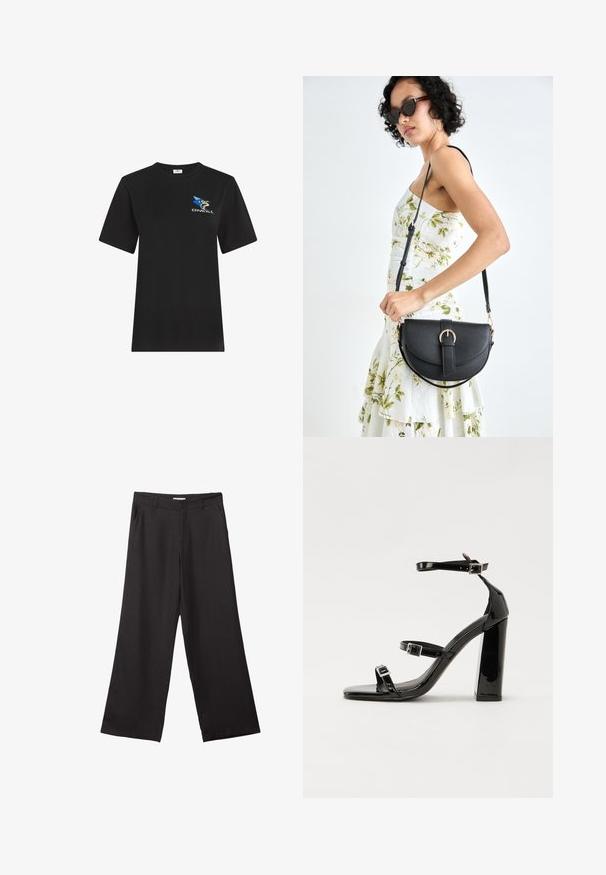 T-shirt nera a maniche corte in cotone. Presenta un logo colorato con una stella blu e una figura stilizzata sul davanti. Vestibilità classica.; Pantaloni neri a gamba larga realizzati in tessuto liscio, con zip frontale e due tasche laterali, dal taglio sartoriale e design minimalista.; Sandali con tacco in vernice nera, con punta squadrata, cinturini alla caviglia e fibbie in argento. Presentano un tacco a blocco spesso per maggiore stabilità.; Borsa a tracolla nera in pelle con una forma curva, manico rimovibile e accessori dorati. La borsa presenta una patta con un dettaglio a fibbia.