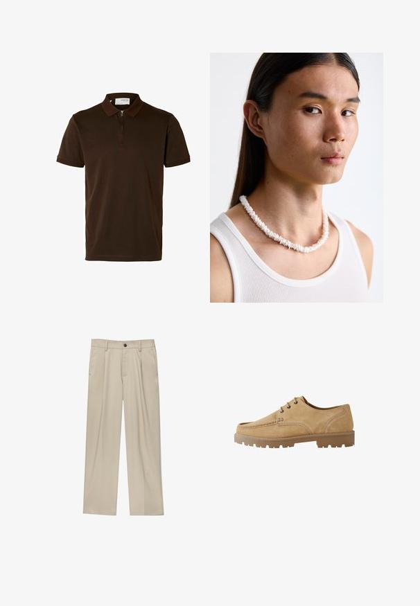 Barna pólóing sima anyagból, cipzáras gallérral, rövid ujjú, és testhez simuló szabású. Minták vagy kiegészítők nem láthatók.; Beige egyenes szárú nadrág, egy fekete gombbal, övhurkokkal és oldalzsebekkel. Sima szövettextúra és minimális design.; Barna velúr fűzős cipő, lekerekített orral, eltérő varrással és vastag gumitalppal, ami tapadást biztosító barázdákkal rendelkezik.; Fehér kagyló nyaklánc, amely szabálytalan formákból áll, egy testre simuló fehér ujjatlan felső felett viselve. Simára polírozott textúra, finom fényességgel, szoros illeszkedésű kialakítással.