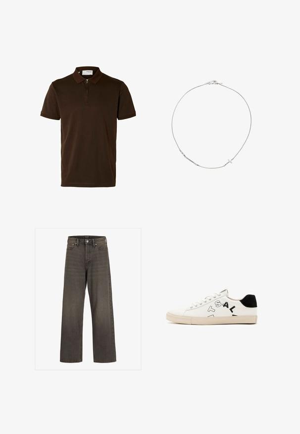 Ruskea polo-paita, joka on valmistettu sileästä kankaasta. Siinä on vetoketjullinen kaulus, lyhyet hihat ja muotoiltu istuvuus. Ei näkyviä kuvioita tai koristeita.; Valkoset farkut tummanharmaasta denimestä, joissa on korkea vyötärö, klassinen viisi-taskuinen muotoilu ja erottuvat ompeleet saumoissa.; Valkoinen nahkakengät mustilla yksityiskohdilla kantapäässä, joissa on rohkeaa mustaa tekstiä sivussa ja kumipohja. Minimalistinen muotoilu.; Hopeaketju, jossa on hieno risti-koriste ja suoria kulmikkaita lenkkejä. Sileä rakenne ja kiiltävä pinta.