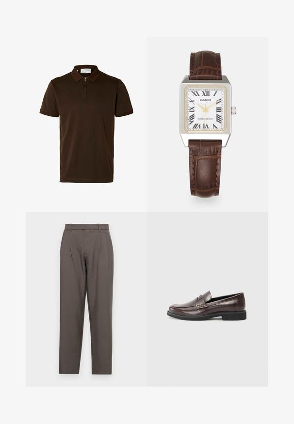 Brun polo skjorte laget av glatt stoff, med glidelås i kragen, kort ermer og en skreddersydd passform. Ingen mønstre eller detaljer synlige.; Jack & Jones JPSTBILL JJDAYTONA WIDE - Bukse - pavement; Brune lærloafers med en glat finish, der har en subtil syet detalje på overdelen og en sort gummisål.; Casio rektangulær klokke med hvit skive, gull detaljer, romerske tall og brun krokodilleskinnsrem. Vanntett design.; Sølv hoop øredobber med store, runde, hvite perler. Designet har en glatt tekstur og en sikker klaff for feste.