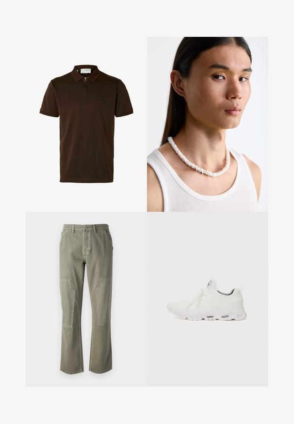 Rudas polo marškinėliai iš lygaus audinio, su užtrauktuku ant apykaklės, trumpomis rankovėmis ir pritaikytu siluetu. Be raštų ar akcentų.; Alyviniai žali kelnes, pagamintos iš medvilnės, tiesios kojų konstrukcijos, su gumbuotu akcentu ant kišenių ir kontrastingomis siūlėmis.; Baltos sportinės detalės batai su tekstūruotu megztu viršumi, plokščiais raišteliais ir paminkštintu padu, kuriame matomos oro kameros papildomam palaikymui.; Baltos kriauklės vėrinys, sudarytas iš netaisyklingų formų, nešiojamas virš prigludusio balto maikės. Lygus paviršius su subtiliu blizgesiu, artimai prigludusi konstrukcija.