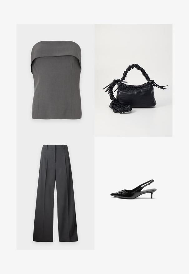 Gray strapless top with a folded design at the neckline, structured fit, and smooth fabric texture. No visible patterns or hardware.; Wide-leg trousers in dark gray fabric, featuring a high waist, single pleats, and a smooth texture with a clean finish at the hems.; Black leather slingback heels with a pointed toe, small kitten heel, and a decorative knot detail on the front. Smooth texture throughout.; Black faux leather handbag with a crocodile texture, cinched top, and a scrunched strap. Appears soft and compact in design.