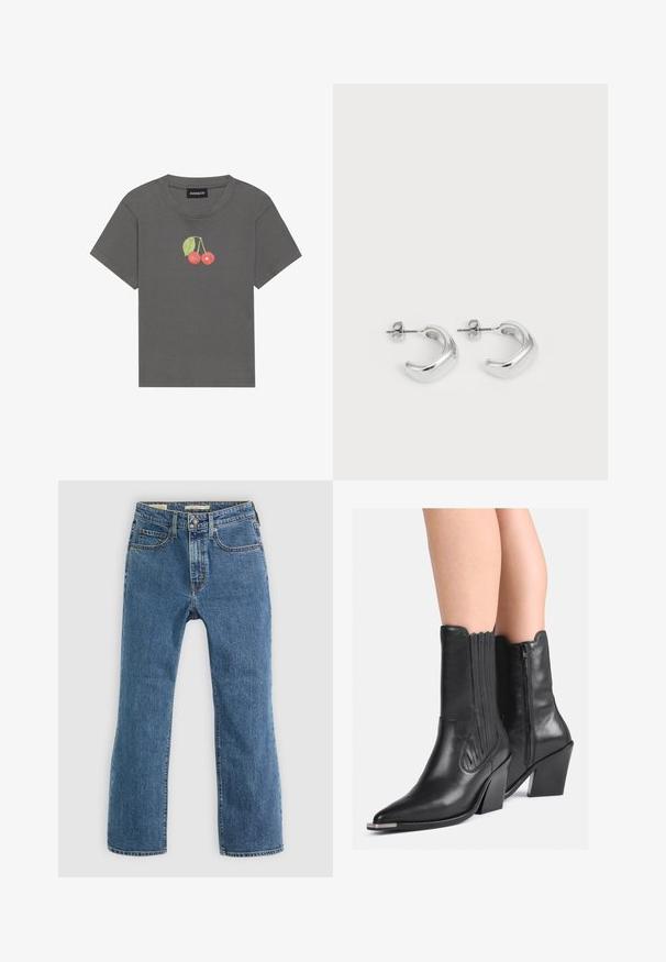 Šedé žebrované tričko s krátkým rukávem, které má na hrudi vyšitý malý motiv třešně s listy.; Modré džíny z denimu se střihem rovného nohavice. Mají pět kapes, standardní zapínání na knoflík a zip a viditelné švy.; Černé kožené kozačky do půli lýtek s špičatou špičkou, vrstvenými podpatky, bočním zipem a dekorativním prošíváním nošené na holých nohách.; Stříbrné kruhové náušnice s hladkým, leštěným povrchem. Kulatý tvar s mírně zakřiveným designem a spojenými okraji. Uzávěr na kolík.