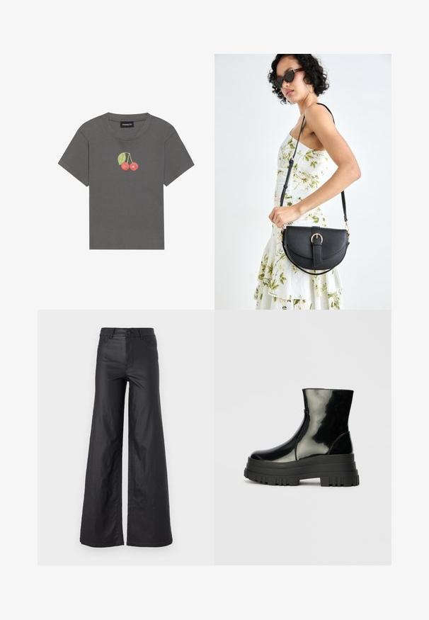 Gray ribbed T-shirt with short sleeves, featuring a small cherry graphic with leaves embroidered on the chest.; Black, wide-leg pants in a faux leather material. Features a high waist, belt loops, two front pockets, and stitched detailing.; Black glossy ankle boot with thick lug sole and rounded toe, side view on plain light gray background.; Black leather handbag with a curved shape, detachable strap, and gold hardware. The bag features a flap with a buckle detail.