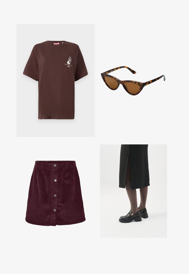 Brun bomull T-skjorte med korte ermer, rund hals og et grafisk trykk som viser en hånd som holder en iskremkjeks foran.; Burgunderfarget kordfløyel mini-skjørt med a-formet snitt, med fem sølvknapper foran og subtil ribbet tekstur.; Sorte lærersko med rund tå, tykk blokkheel og elastiske sideaksenter, sammen med mørke strømpebukser og et svart skjørt med splitt.; Kattøye solbriller med en svart og oransje skjellramme, brune linser og elegante, spisse tupper. Har en minimalistisk logo på stangen.