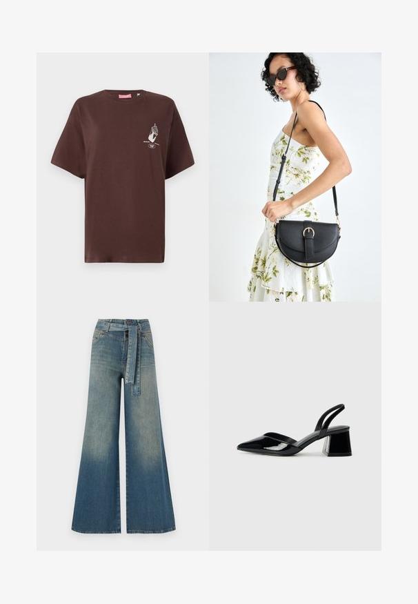 Ruda medvilnė marškinėliai su trumpomis rankovėmis, apvalia iškirpte ir grafika, vaizduojančia ranką, laikomą ledų kornetą priekyje.; Platus džinsinis kelnes su šviesiai tamsiai mėlynu gradientu, aukštu juosmeniu, diržo kilpomis ir atitinkančiu audinio diržu. Textūruotas džinsinis paviršius.; Juodos lakuotos odinės šlepetės su smailiu pirštu ir geometriniu bloko kulnu. Turi elegantišką, minimalistinį dizainą ir lygų paviršių.; Juodas odinis krepšys su išlenkta forma, nuimamu dirželiu ir auksiniais detalėmis. Krepšys turi kilpą su sagtimi.