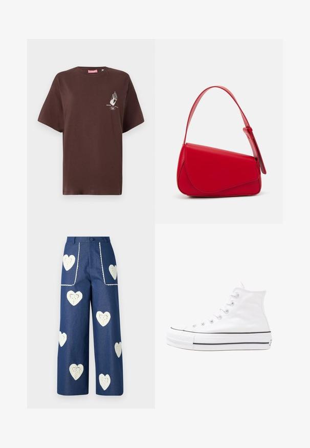 Brown cotton t-shirt with short sleeves, crew neck, and a graphic print featuring a hand holding an ice cream cone on the front.; Sister Jane HEART TO HEART - Straight leg jeans - blue denim; White high-top canvas sneaker with black rubber sole, front rubber toe cap, and six eyelets for laces, featuring a clean, minimalist design.; Red leather handbag with an angular, geometric design. Features a single adjustable strap and a flap closure with stitched detailing.