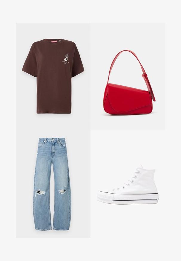 Brown cotton t-shirt with short sleeves, crew neck, and a graphic print featuring a hand holding an ice cream cone on the front.; Light blue, high-waisted jeans made of denim. Feature wide legs, two torn knee areas, and classic five-pocket styling.; White high-top canvas sneaker with black rubber sole, front rubber toe cap, and six eyelets for laces, featuring a clean, minimalist design.; Red leather handbag with an angular, geometric design. Features a single adjustable strap and a flap closure with stitched detailing.