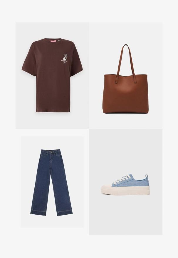 Brown cotton t-shirt with short sleeves, crew neck, and a graphic print featuring a hand holding an ice cream cone on the front.; Wide-leg jeans in dark blue denim. Features five pockets, belt loops, and a raw hem at the bottom with visible stitching details.; Light blue canvas sneakers with a cream rubber toe cap and outsole, featuring white laces and a pull tab on the heel.; Brown leather tote bag with a smooth texture, open top design, and two shoulder straps. Features minimal stitching and no visible hardware.