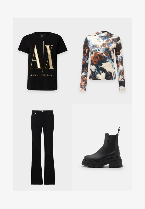 Black cotton t-shirt featuring bold gold "A/X" logo and "ARMANI EXCHANGE" text, short sleeves, round neckline, smooth texture.; Long-sleeve top in a blend of blue, brown, and cream abstract patterns. Soft fabric with a fitted design and high neck.; Black flared jeans made of denim, featuring two front pockets, a button closure, and a smooth texture. Signature stitching visible at seams.; Black chelsea boots made of smooth leather with elastic side panels, a thick, ridged rubber sole, and a pull tab at the back.